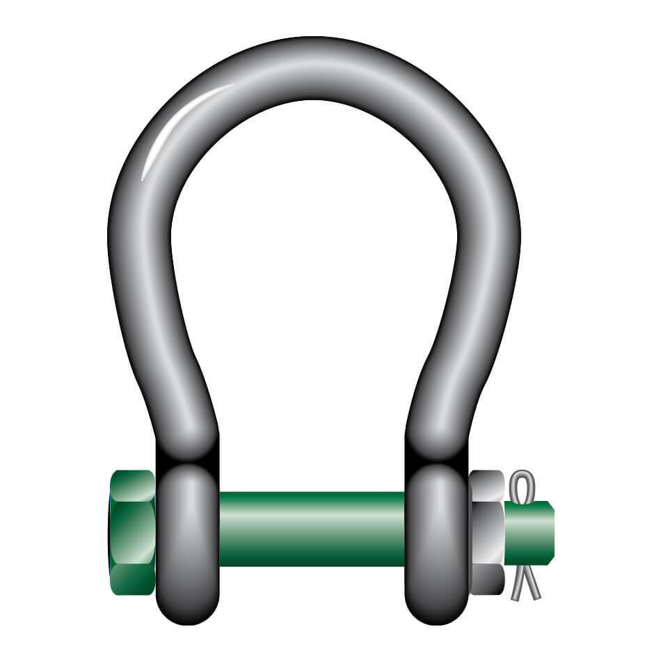 Green Pin Wide Mouth Bow Shackles with Safety Nut and Bolt Pin - GPWM - Towne Lifting & Testing